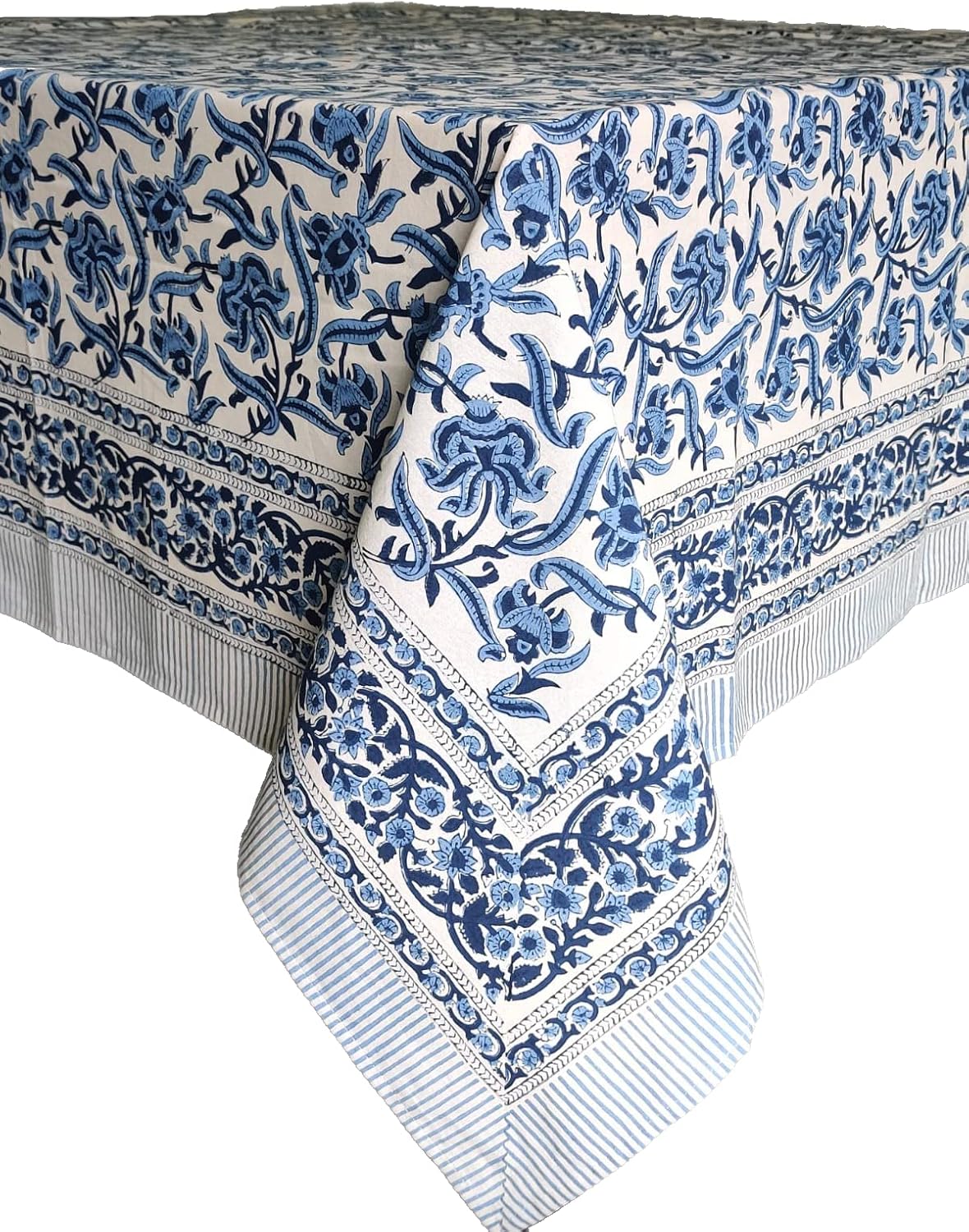 ATOSII Midnight Bloom 100% Cotton Summer Tablecloth, Block Print Blue Rectangle Table Cloth for Dining Table Parties Wedding Outdoor Decor 60 X 108 Inches I 8 Seater I Memorial Day