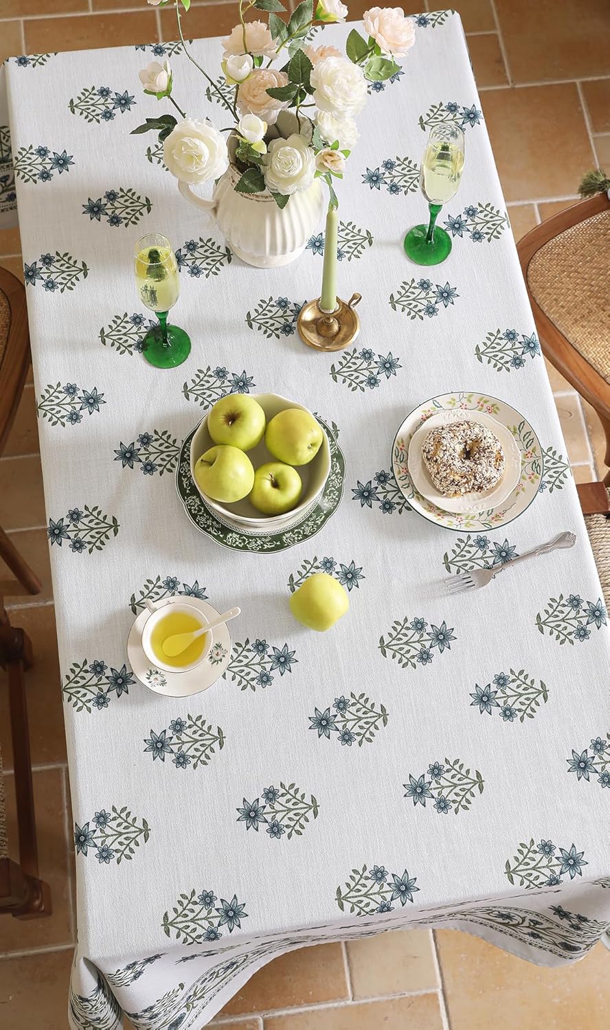 ISAENNE Designer White Linen Extra Long Tablecloth Rectangle,Chinoiserie Floral Elegant Indoor Table Cloth,Fall Stain Proof Decor Tablecloths for Dining Thanksgiving Kitchen,67"*118"-Mosella F
