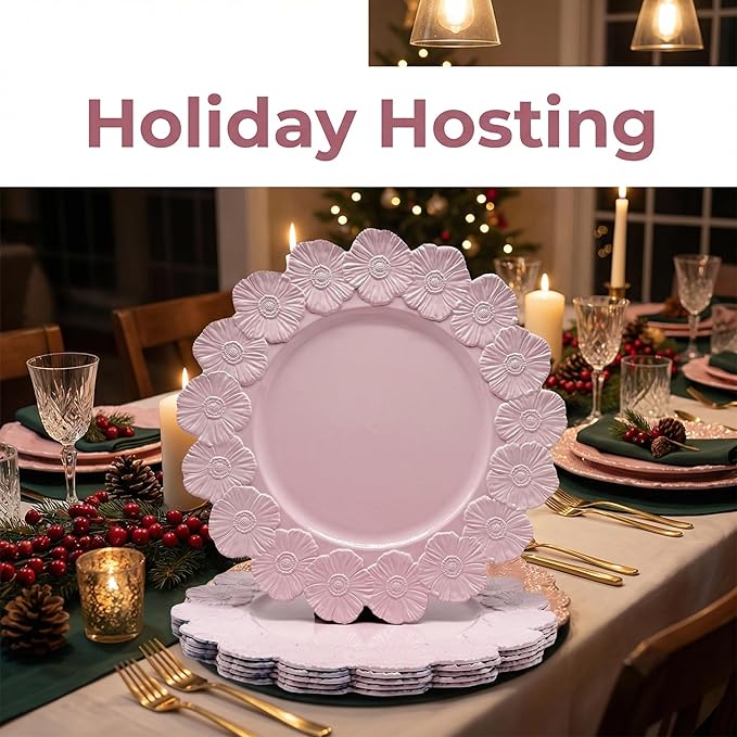 Pink Charger Plates with Flower Rim, 13" Round Charger for Dinner Plates, Set of 6 Plastic Plate Chargers for Wedding, Table Setting