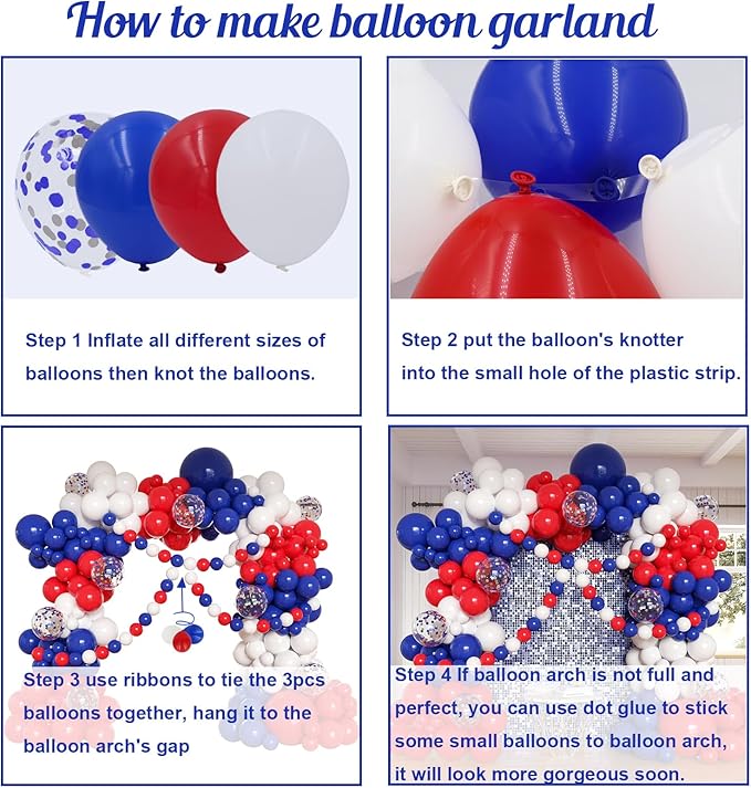 Red White and Blue Balloons Garland Arch Kit, 162pcs Different Sizes with Red White Blue Confetti Balloons for 4th of July Graduation Nautical Birthday Baseball Theme Party Decorations