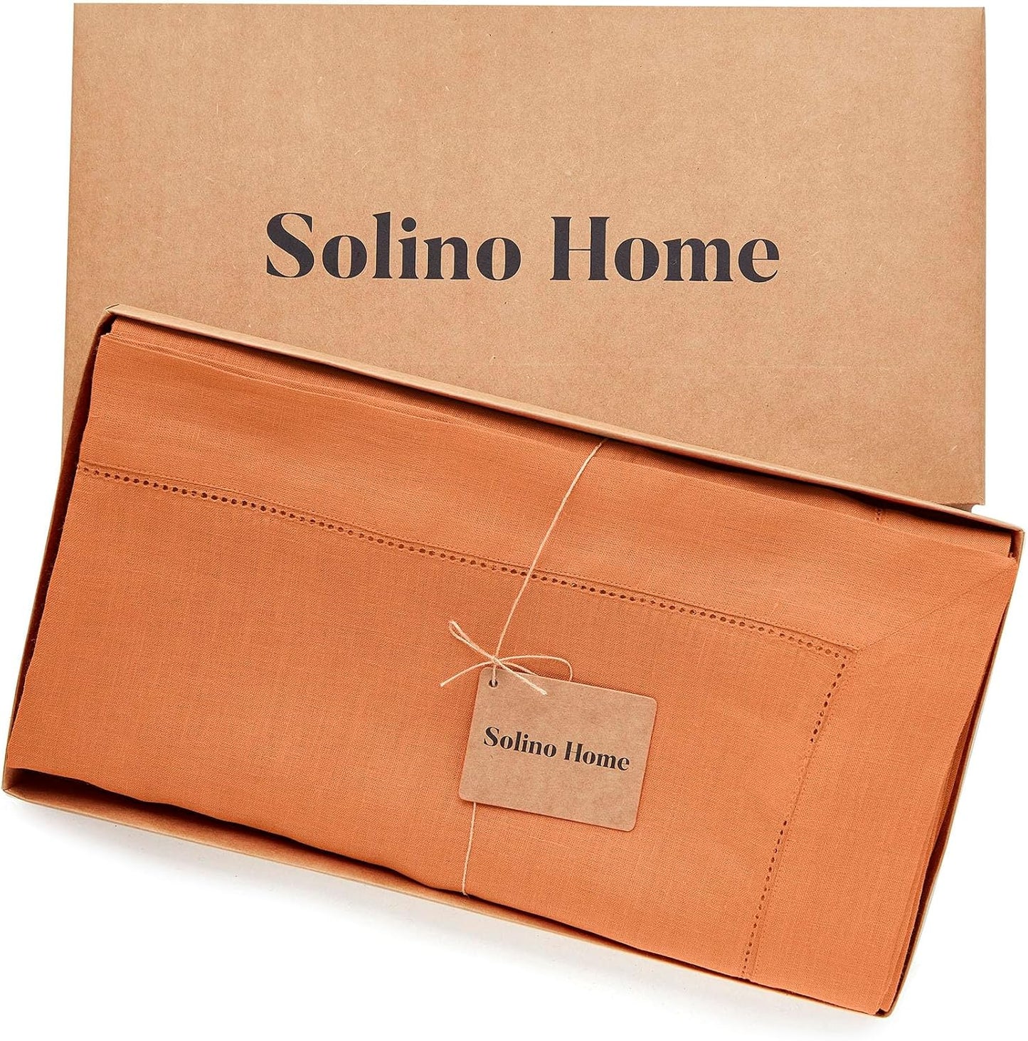 Solino Home Pumpkin Linen Tablecloth 60 x 120 Inch - Classic Hemstitch, 100% Pure Linen Rectangular Tablecloth - Machine Washable Table Cloth for Fall, Autumn, Halloween, Thanksgiving, Holiday