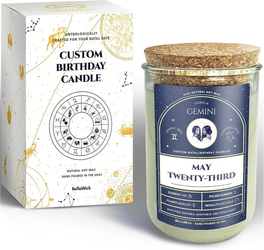 Birthday Candles - Custom Birthdate Astrological Zodiac Scented Candles. Astrology Gifts. All Natural Soy Wax. 75+ Hour Burn Time. Made in USA - May 23