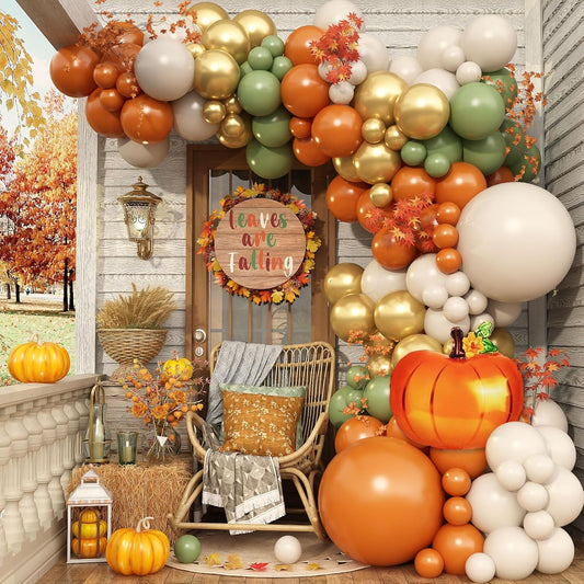 Fall Balloons Garland Arch Kit, Burnt Orange Pumpkin Foil Balloons, Orange Green Sand White Gold Balloon for Little Pumpkin Baby Shower First Birthday Thanksgiving Fall Autumn Harvest Party Decoration