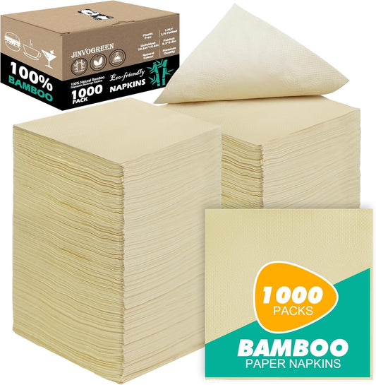 1000 Count Bamboo Cocktail Napkins Disposable 1-Ply 5.3 x 5.3 Inch Folded, Eco friendly Compostable Beverage Paper Napkins Bulk for Bars, Lunch, Parties, Restaurant and Everyday Use