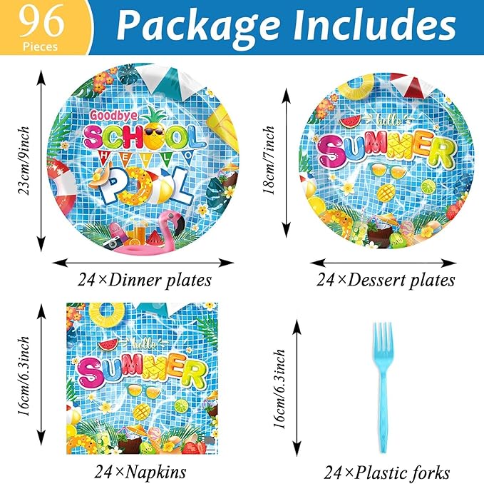 OBUSATT 96 Pcs Goodbye School Hello Pool Party Supplies Summer Beach Paper Plates Napkins Summer Vacation Dinnerware Party Decorations Favor for End of School Year Serves 24