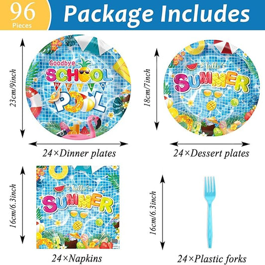 OBUSATT 96 Pcs Goodbye School Hello Pool Party Supplies Summer Beach Paper Plates Napkins Summer Vacation Dinnerware Party Decorations Favor for End of School Year Serves 24