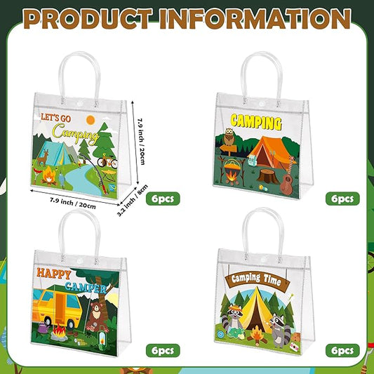 H1vojoxo Camping PVC Gift Bags - 24PCS Camping Party Favors Bags with Handles 7.9x3.2x7.9 Inch Camp Theme Plastic Transparent Gift Bag for Summer Camps Camping Adventures Outdoor Activity Party Favors