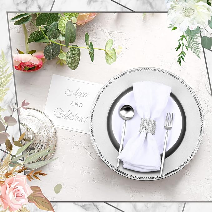 Rtteri 48 Pcs Charger Plates Set, Bulk 24 Plastic Plate Chargers with 24 Napkin Rings, 13 Inch Round Dinner Chargers for Table Setting Wedding Party Baby Shower Event Decoration(Sliver)