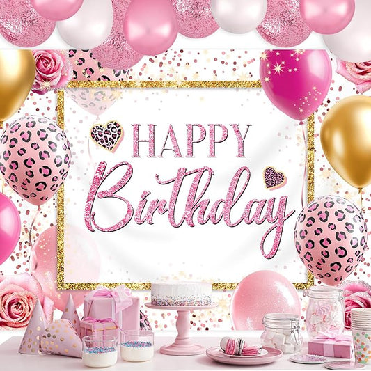 Homewelle Happy Birthday Backdrop 7Wx5H Feet Polyester Fabric Pink Leopard Balloon Heart Elegant Flower Rose Plant Botanical Decoration Gold Glitter Girly Photography Background Photo Shoot Props
