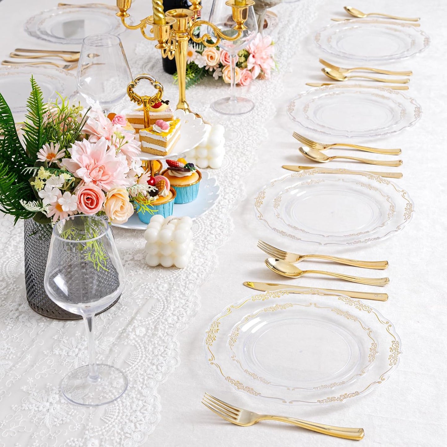 U-QE 100PCS Clear Gold Plastic Plates - Disposable Heavy Duty Clear Plates with Gold Rim Including 50PCS 10'' & 50PCS 7.5'' Perfect for Party, Weddings