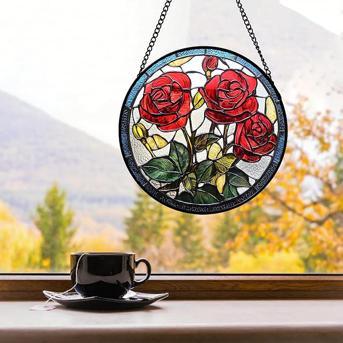Stained Glass Window Hanging Red Rose Flower 7.8" - Suncatcher Door Garden Sun Catcher Decor Birthday Anniversary Valentines Day Gifts for Woman Wife Men Her Him Lovers Girlfriend
