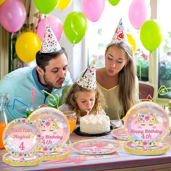96PCS Four Ever Magical Party Paper Plates and Napkins Unicorn 4th Birthday Party Decor Rainbow Unicorn Plates Girls 4 Year Old Tableware Set for 24 Guests Magical 4th Birthday Gatherings Decorations