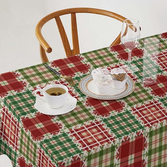 YCness Patchwork Geometric Grids Tablecloth, Christmas Seasonal Colorful Red Green Table Cover for Dinner Birthday Holiday Party Kitchen Colorful Red White Table Decor 55x55 Inch Rectangle