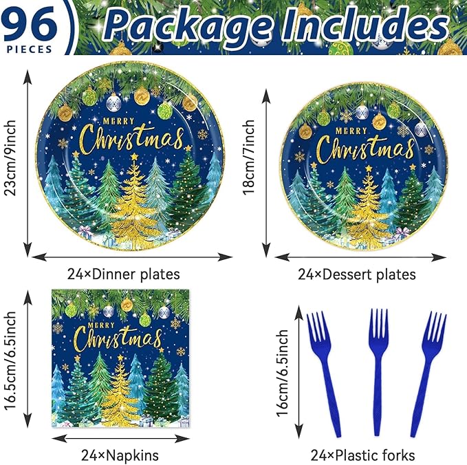 96pcs Christmas Pine Tree Paper Plates and Napkins - Xmas Party Decorations, Dessert Cake Snowflakes, Serves 24