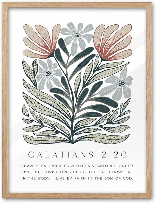 EcoHest Bible Verse Floral Framed Wall Art, 12x16 in OAK Wood Boho Abstract Flowers Canvas Wall Art, Galatians 2:20 Home Decor, Beige Logs Boho Christian Set of 1 for Bedroom Living Room