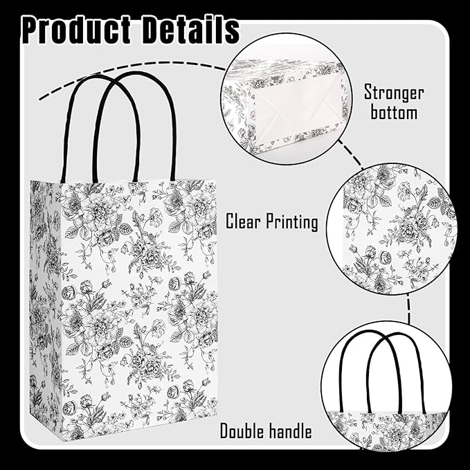 JarThenaAMCS 24Pcs Black Floral Kraft Paper Bags with Handles Chinoiserie Treat Gift Bags Vintage Flower Candy Goodie Bag for Wedding Birthday Baby Shower Party Favors Supplies
