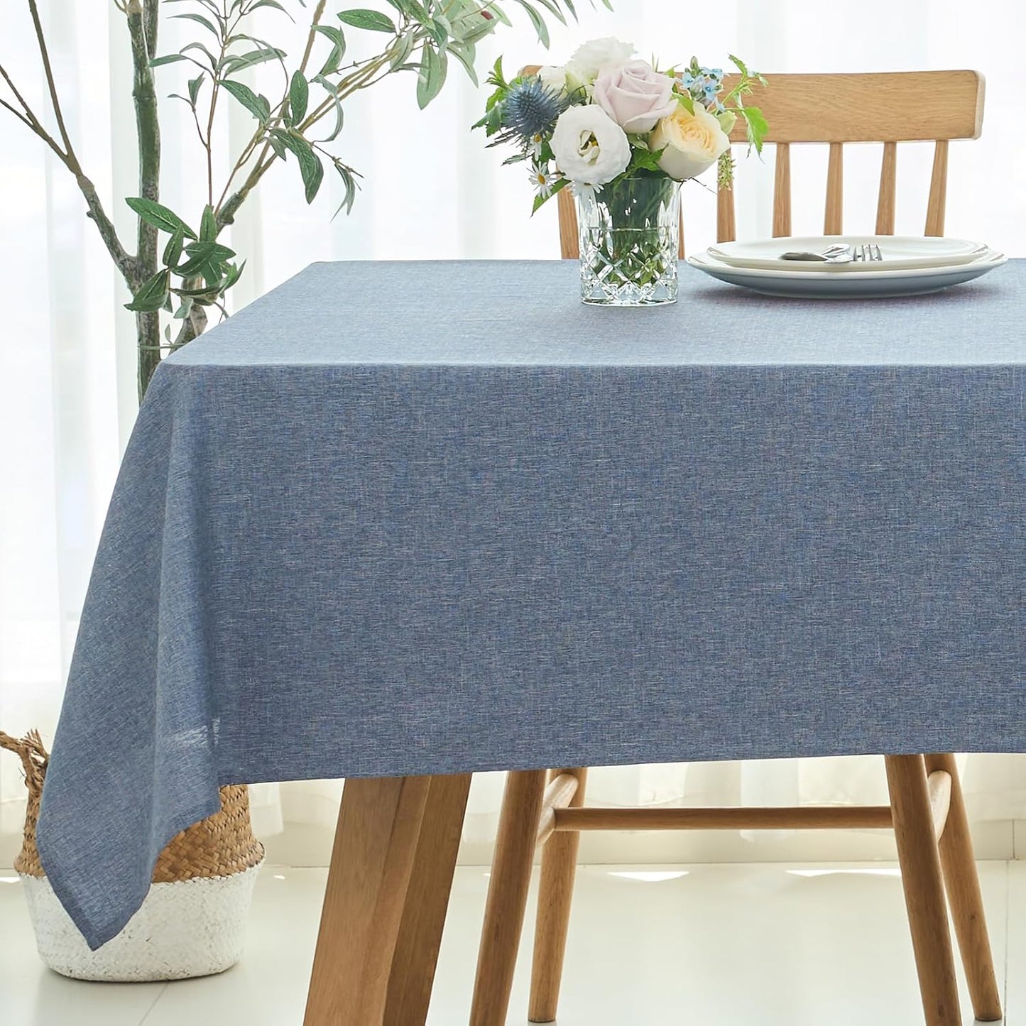 maxmill Rectangle Linen Texture Tablecloth Stain Proof Waterproof Wrinkle Free Washable Dining Table Cloth Wipeable Fabric Dining Room Table Cover Farmhouse Tablecloths, 60 x 120 Inch, Demin Blue
