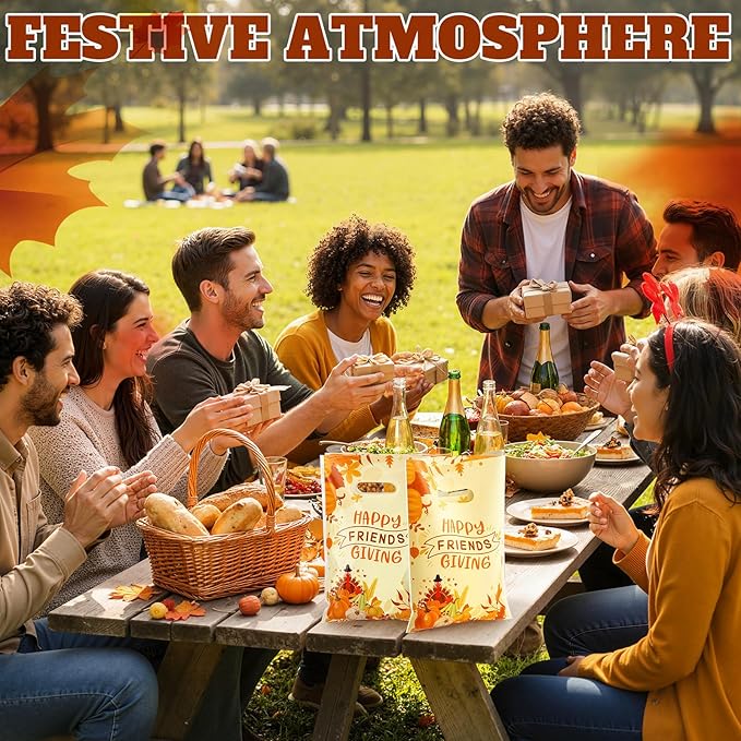 Supervitae 100 Pcs Happy Friendsgiving Plastic Gift Bags Bulk Thanksgiving Party Favor Bags with Handles for Fall Birthdays Weddings Snacks Goodie Candy Treat Party Favors Supplies