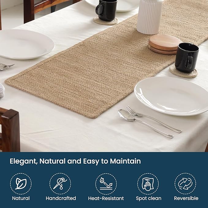 Jute Table Runner 72 Inches – Reversible Woven Burlap Jute Table Runner – Heat Resistant - Handmade Rustic Natural Look Rug for Farmhouse, Boho Dining Table Accessory (14x72)