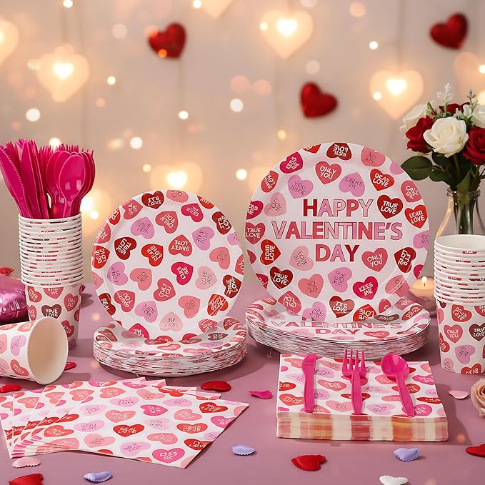 Layhit 350 Pcs Valentine's Day Tableware Sets Conversation Heart Paper Plates Valentines Plates Napkins Cups Disposable Pink Heart Candy Dinnerware for Valentine Weddings Birthday