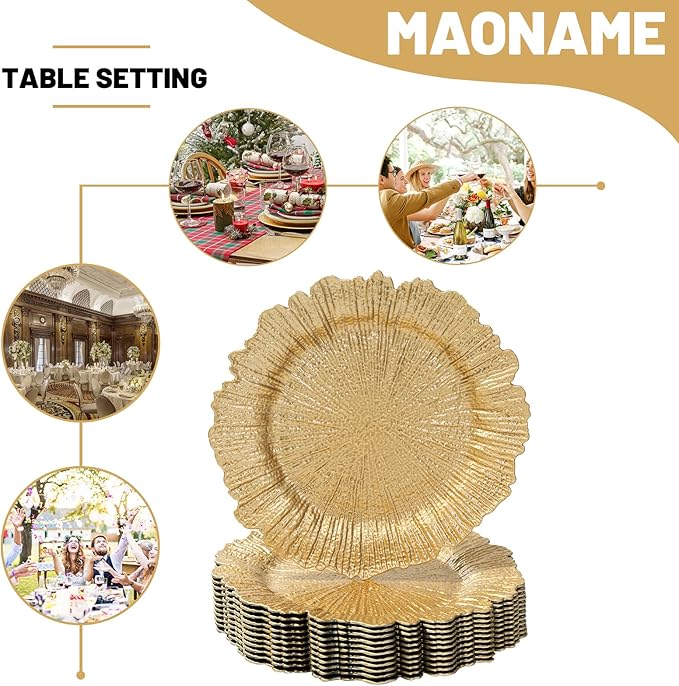 MAONAME Gold Charger Plates Set of 12, Reef Plate Chargers for Dinner Plate, Round Plastic Table Chargers for Thanksgiving, Christmas