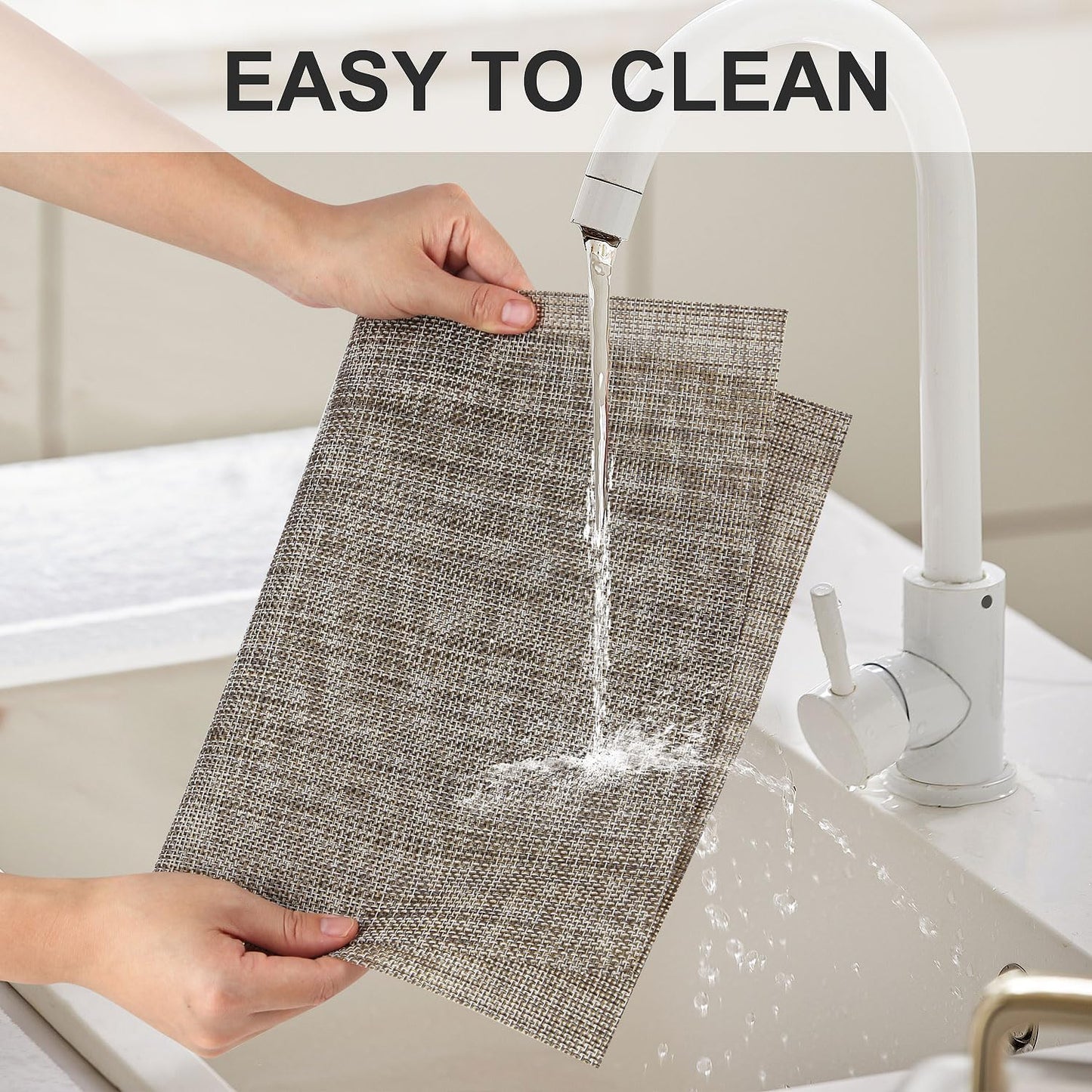 Vinyl Placemats Set of 4, PVC Woven Washable Non-Slip Table Mats, Heat Resistant Wrinkle Free Place Mats for Dining Table, Easy to Clean (4, Cappuccino)