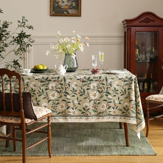 ISAENNE Designer Green Linen Long Rectangle Tablecloth,Floral French Country Indoor Table Cloth,Stain Resistant Home Decor Tablecloths for Dining Kitchen Thanksgiving Party,63"*102"-Brune