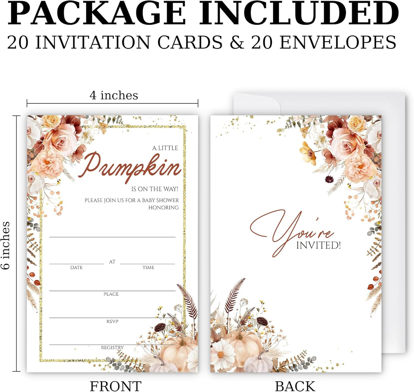 Fall Floral Pumpkin Baby Shower Invitations - “A Little Pumpkin Is On The Way” Design with Envelopes And RSVP Cards - 20Pcs Fill In Baby Shower Party Cards(4 x 6 Inch) (041)