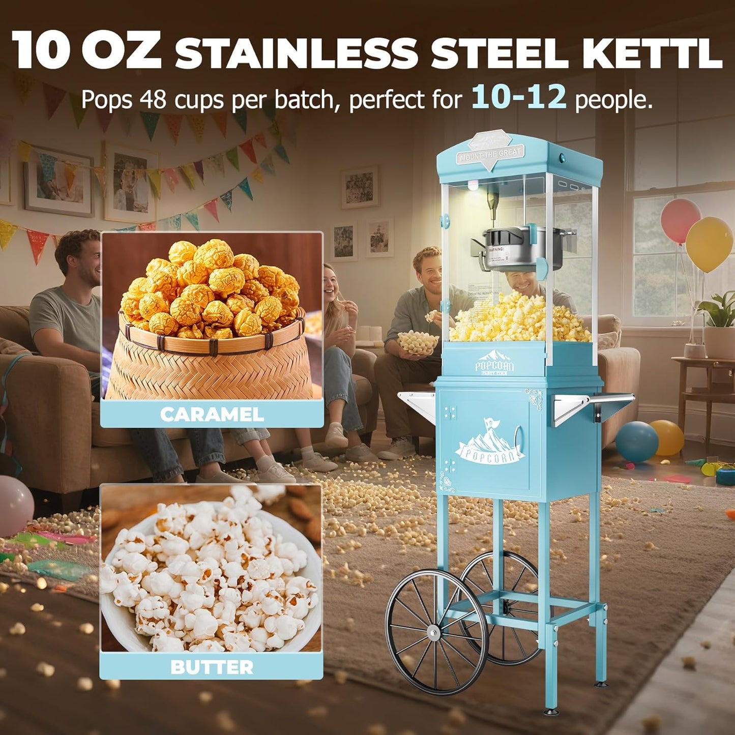 Popcorn Machine Cart with Wheel, 10 oz Popcorn Maker Machine with Stainless-Steel Kettle Makes Up to 40 Cups, Vintage Movie Theater Style Pop Corn Machine, Cyan