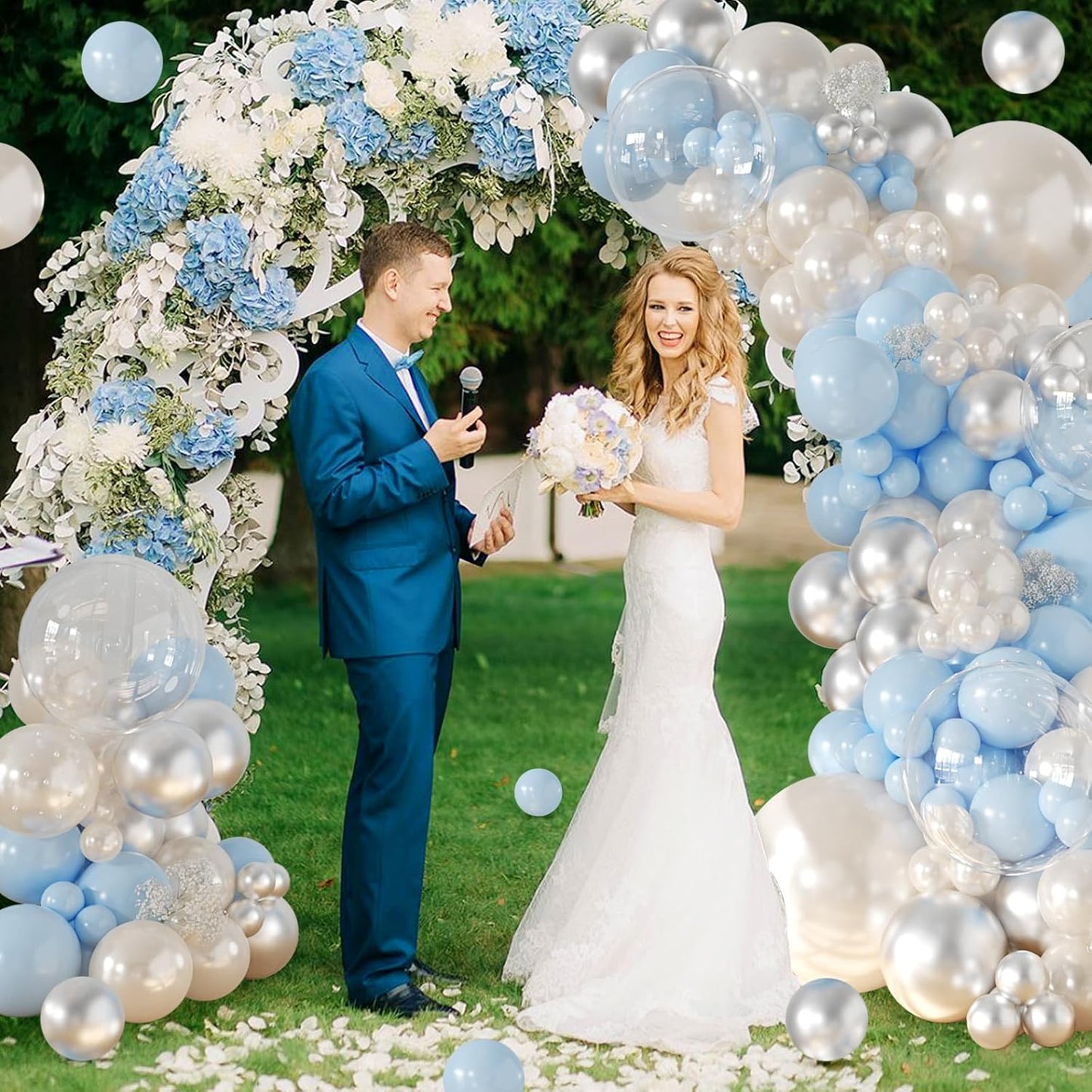 CROSSFINGERS Pearl Blue and White Balloon Garland Arch Kit, 128pcs Light Blue Silver White Balloons with Pearl Stickers for Birthday Wedding Baby Shower Bridal Shower Engagement Party Decorations