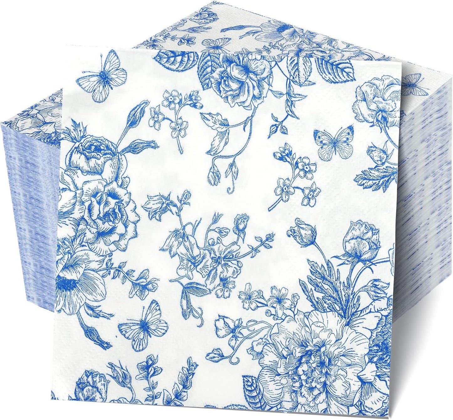 100Pcs Blue Floral Napkins Beverage Cocktail Napkin Disposable Blue and White Paper Dinner Napkin Fancy Decorative Hydrangea Flower Guest Hand Towel for Wedding Bridal Baby Shower Tea Birthday Party
