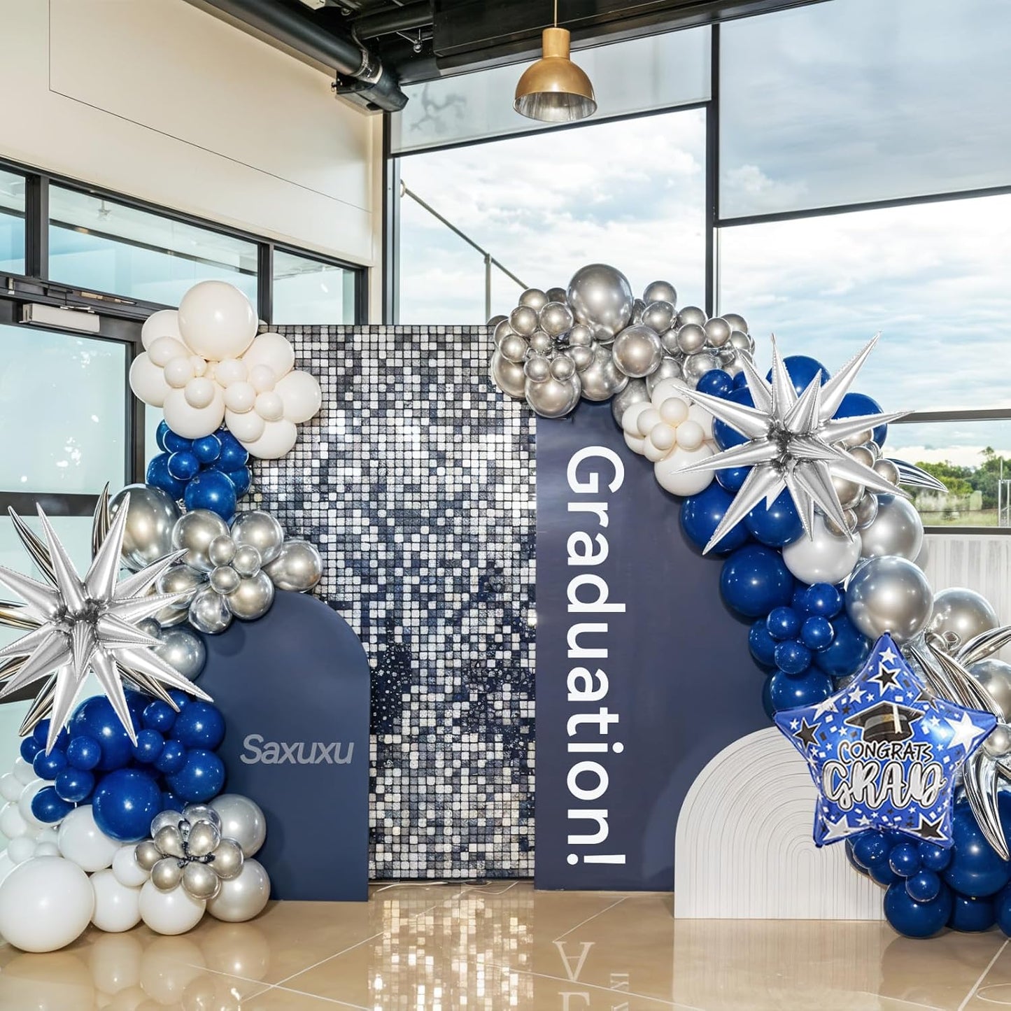 Blue and Silver Balloon Arch Kit, Blue Silver White Balloons Garland Kit, Star Foil Balloons Navy Metallic Blue Balloon For Graduation Birthday Anniversary Bachelorette Party Wedding Decoration