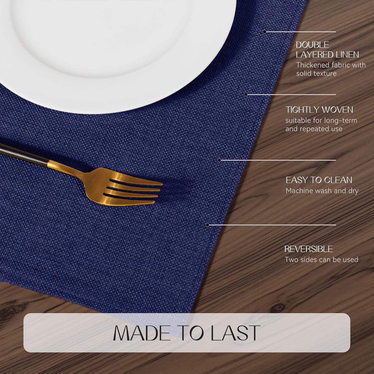Romanstile Cloth Placemats Set of 6-12 x 18 Inch, Heat Resistant Double Layered Thickened Burlap Place Mats, Washable Faux Linen Farmhouse Table Mats for Kitchen/Dining/Party/Outdoor, Navy Blue