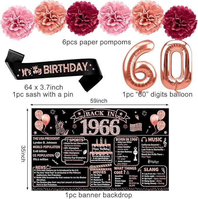 Zirtorei 60th Birthday Decorations for Women, 21pcs the Year 1966 Banner Balloon Party Supplies, Rose Gold 60 Year Old Birthday Backdrop, 60 Bday Honeycomb Centerpiece Hanging Swirls Sash Gifts