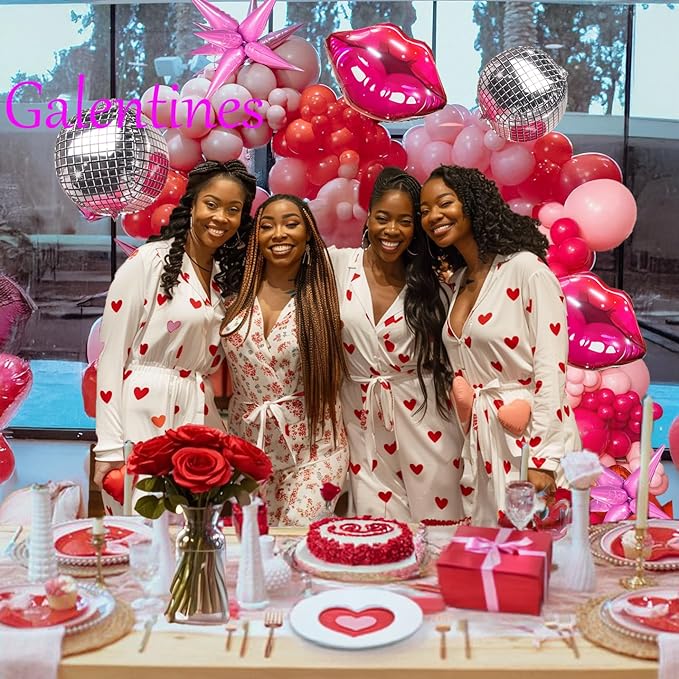 Hot Pink Balloon Garland Arch Kit 137 Pcs Pastel Pink White with Shape Lips Star Heart 4d Disco foil Balloons for Girls Birthday Engagement Galentines Valentine's Day Decorations