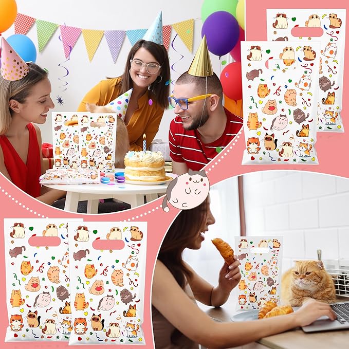 Supervitae 100 Pcs Cat Party Favor Bags Cute Kitten Plastic Goodies Bags Bulk with Handles for Cat Themed Birthday Animals Pet Paw Snacks Cookies Candy Treat Decoration Supplies