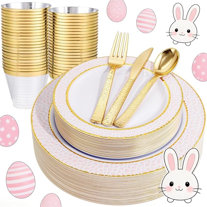 Ciaell 150PCS Pink Plastic Plates – Disposable Pink and Gold Plates Set include 50Plates, 25Forks, 25Knives, 25Spoons, 25Cups for Wedding & Party & Easter