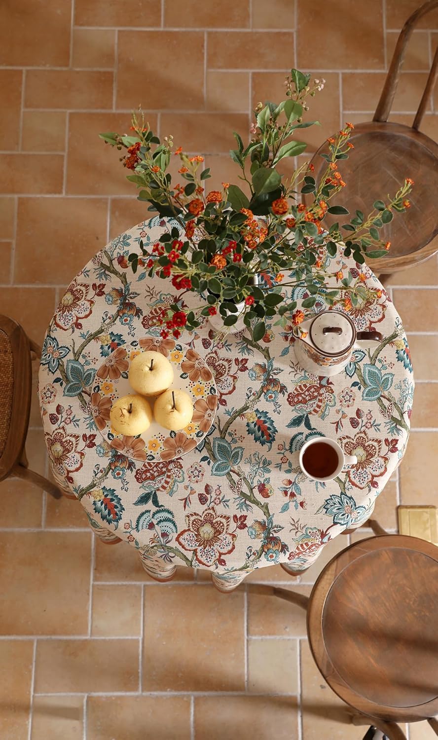 Designer Linen Round Tablecloth,Vintage Indian Style Wrinkle Free Block Print Table Cloth,Decorative Table Cover for Kitchen,Dining,Party,Thanksgiving,Christmas,Diameter 67"-Mangala