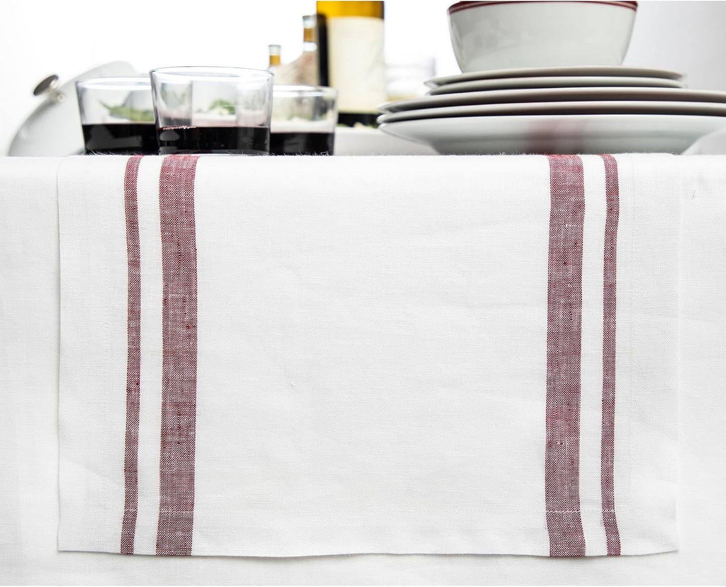 Solino Home Linen Table Runner 108 Inches Long - French Stripe, 100% Pure Linen Burgundy and White Farmhouse Table Runner 16 x 108 Inch Ideal for Dining, Fall, Autumn, Thanksgiving