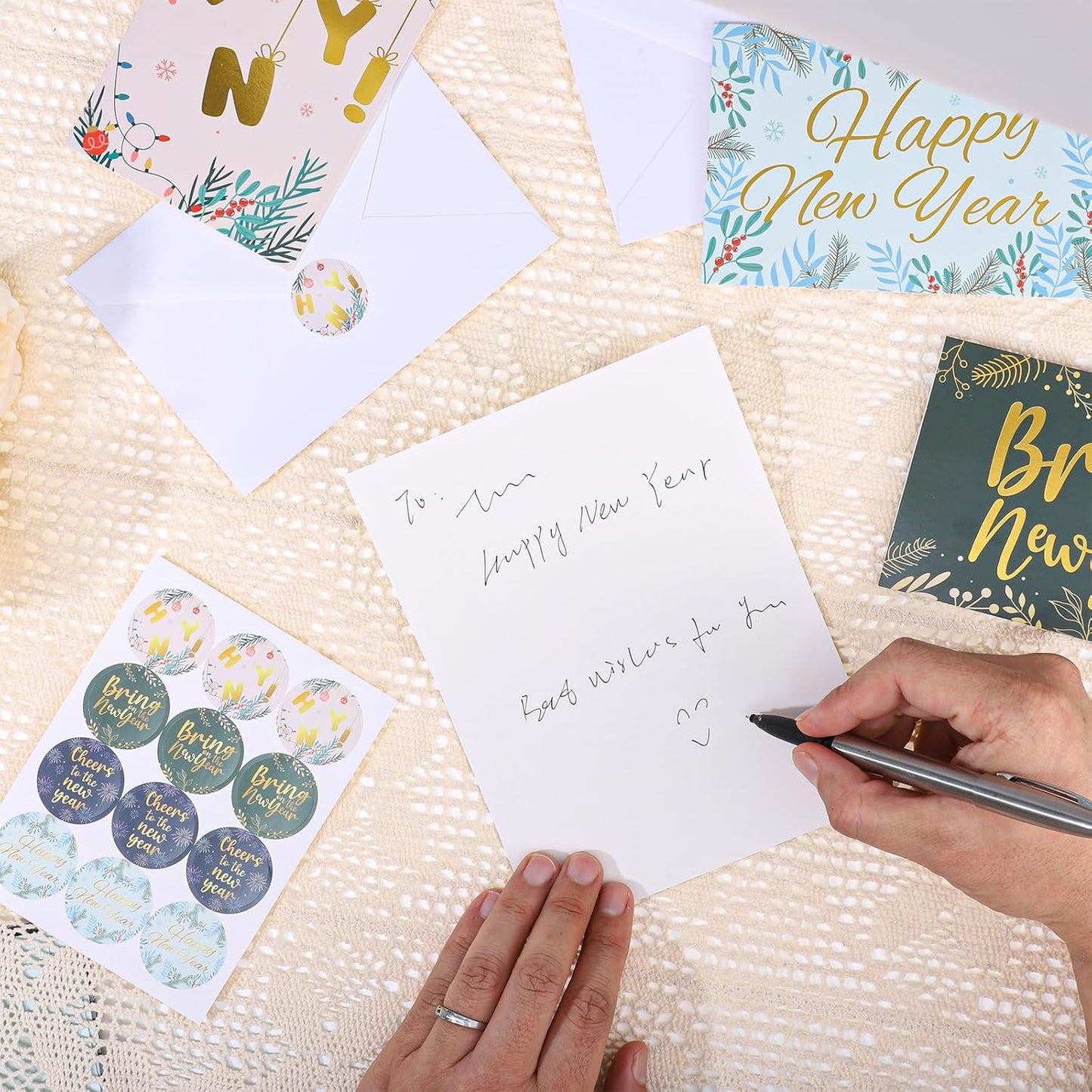 New Year Cards with Envelopes, 24 Pack 4x6in Happy New Year Greeting Cards, Gold Foiled Holiday Card, 300gsm Note Card with Stickers