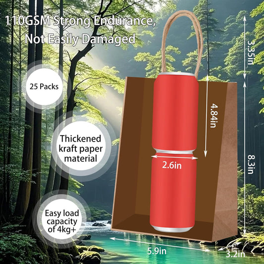 OEMVALATY 25Pcs 5.9x3.2x8.3 Inch Small Brown Paper Bags with Handles Bulk, Gift Wrap Bags Kraft Paper Gift Bags for Birthday Party Favors Grocery Retail Business Shopping Merchandise Goody Craft Bags