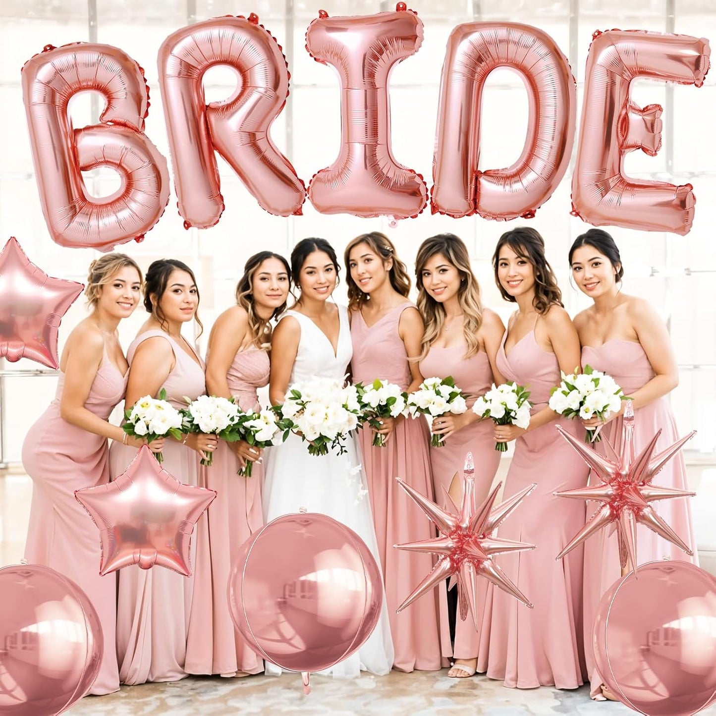Rose Gold Bride Balloons Bachelorette Party Decorations, 32in Rose Gold Giant Bride Balloons with 4D Disco Ball Balloon and Star Foil Balloon for Bridal Shower Wedding Engagement Party Supplies
