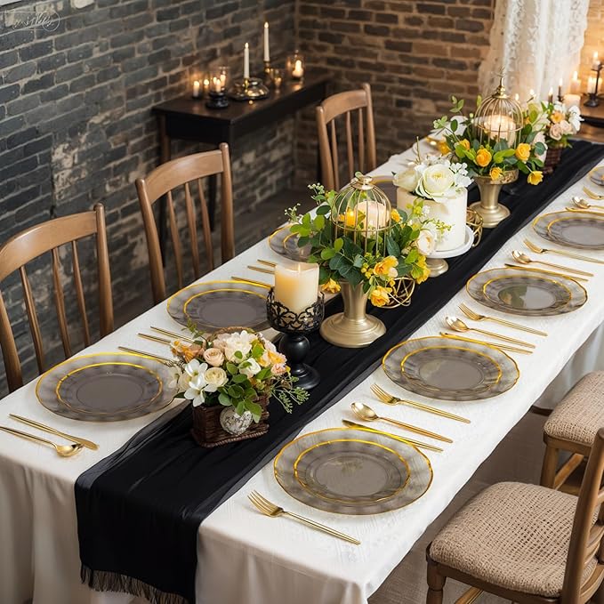supernal 60Pcs Black and Gold Plastic Plates Heavy Duty Black Disposable Plates With Gold Rim,Elegant Clear Black Dinnerware For 30 Guests Perfect for Party,Birthday,Anniversary,New Year