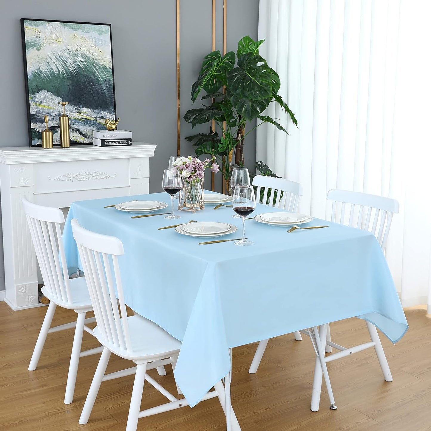 FOLINS&HOME Baby Blue Rectangle Tablecloth Wrinkle Free Waterproof Polyester Table Cloths, Spillproof Heavy Duty Washable Table Cover for Party, Banquet, Indoor and Outdoor- Square/Oblong 60 x 60 inch