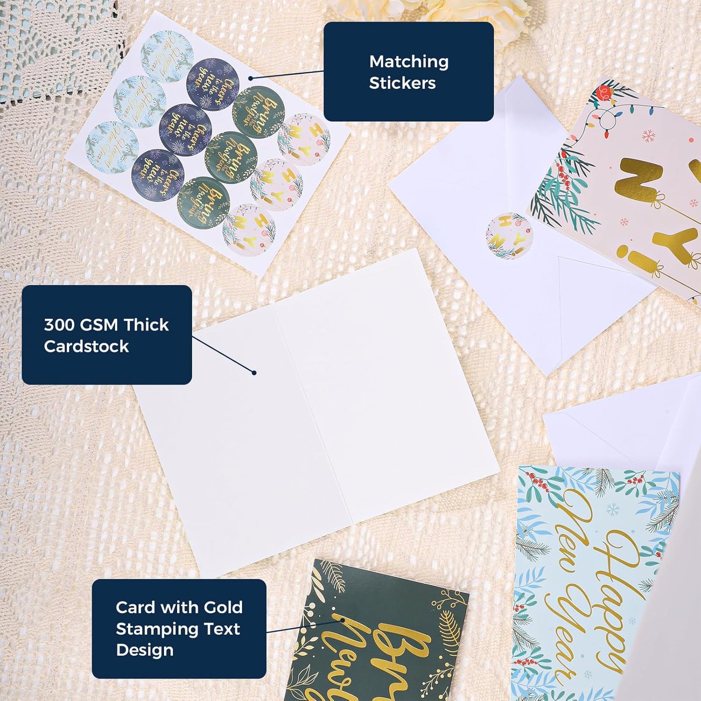 New Year Cards with Envelopes, 24 Pack 4x6in Happy New Year Greeting Cards, Gold Foiled Holiday Card, 300gsm Note Card with Stickers