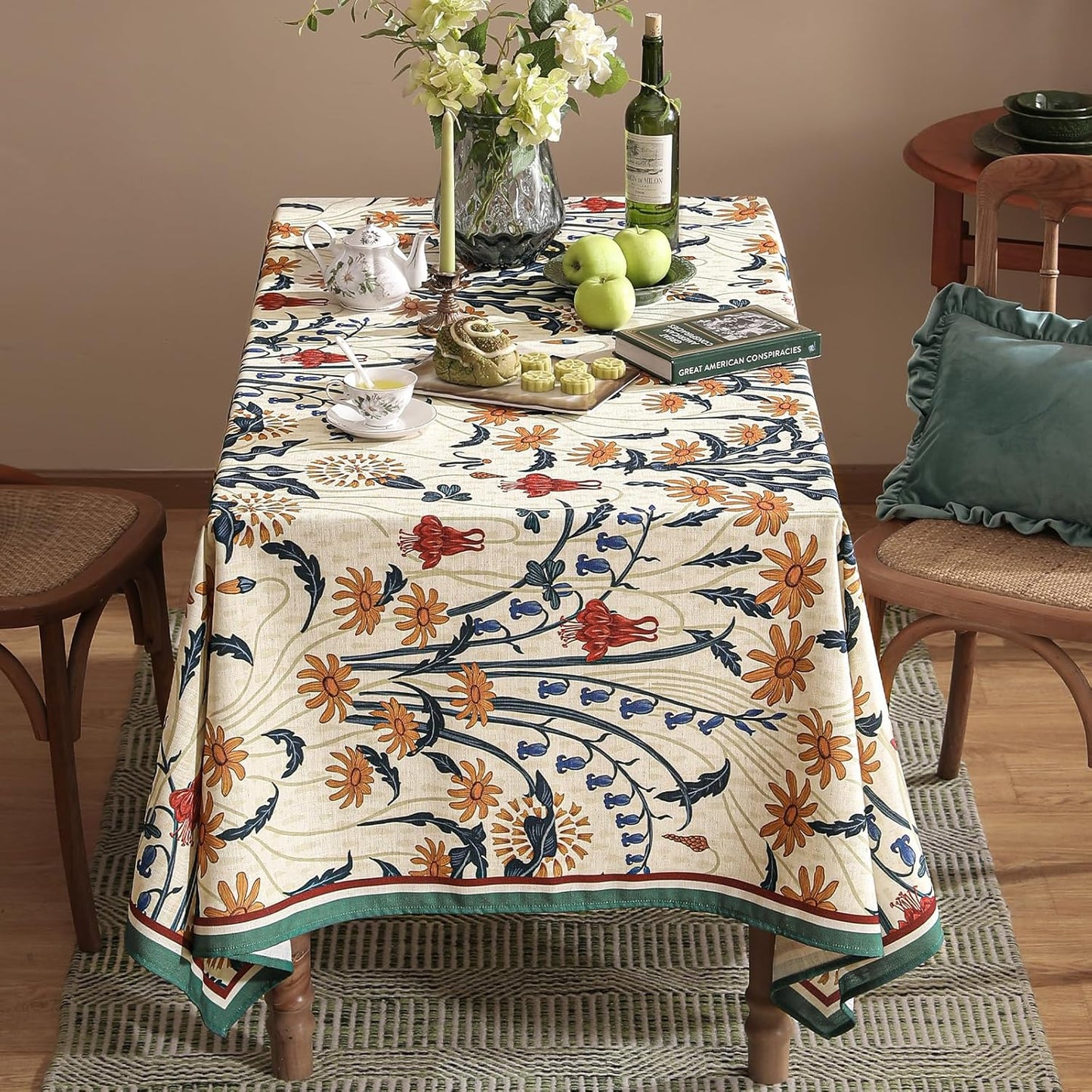 French Vintage Small Square Tablecloth,Linen Tablecloth with Gold and Red Floral Pattern,Decorative Table Cover for Kitchen,Dining,Thanksgiving,Christmas,Party,55"*55"-Tijuana