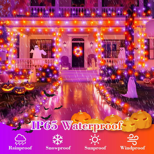 Purple&Orange Halloween Lights, 33FT 100 LED Outdoor String Light with Timer & 8 Modes, 3AA Battery Operated Waterproof String Light for Outdoor and Indoor Halloween Decor