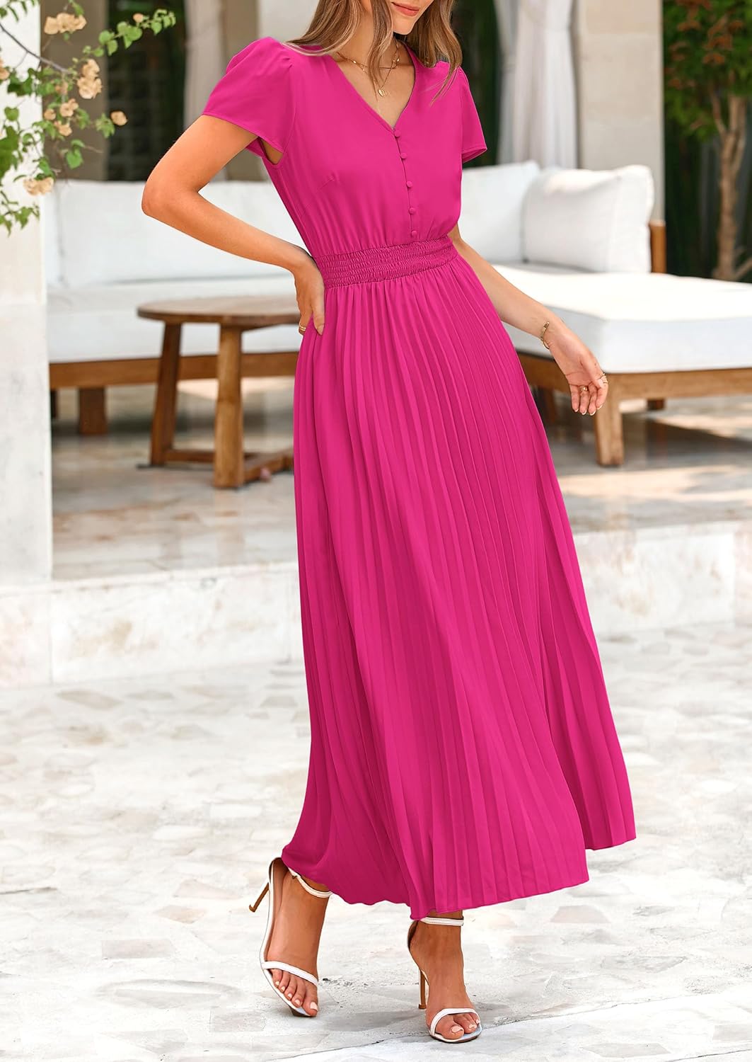 PRETTYGARDEN Women's Maxi Dresses 2025 Summer Trendy Cap Short Sleeve Button V Neck Casual Flowy Pleated Long Dress