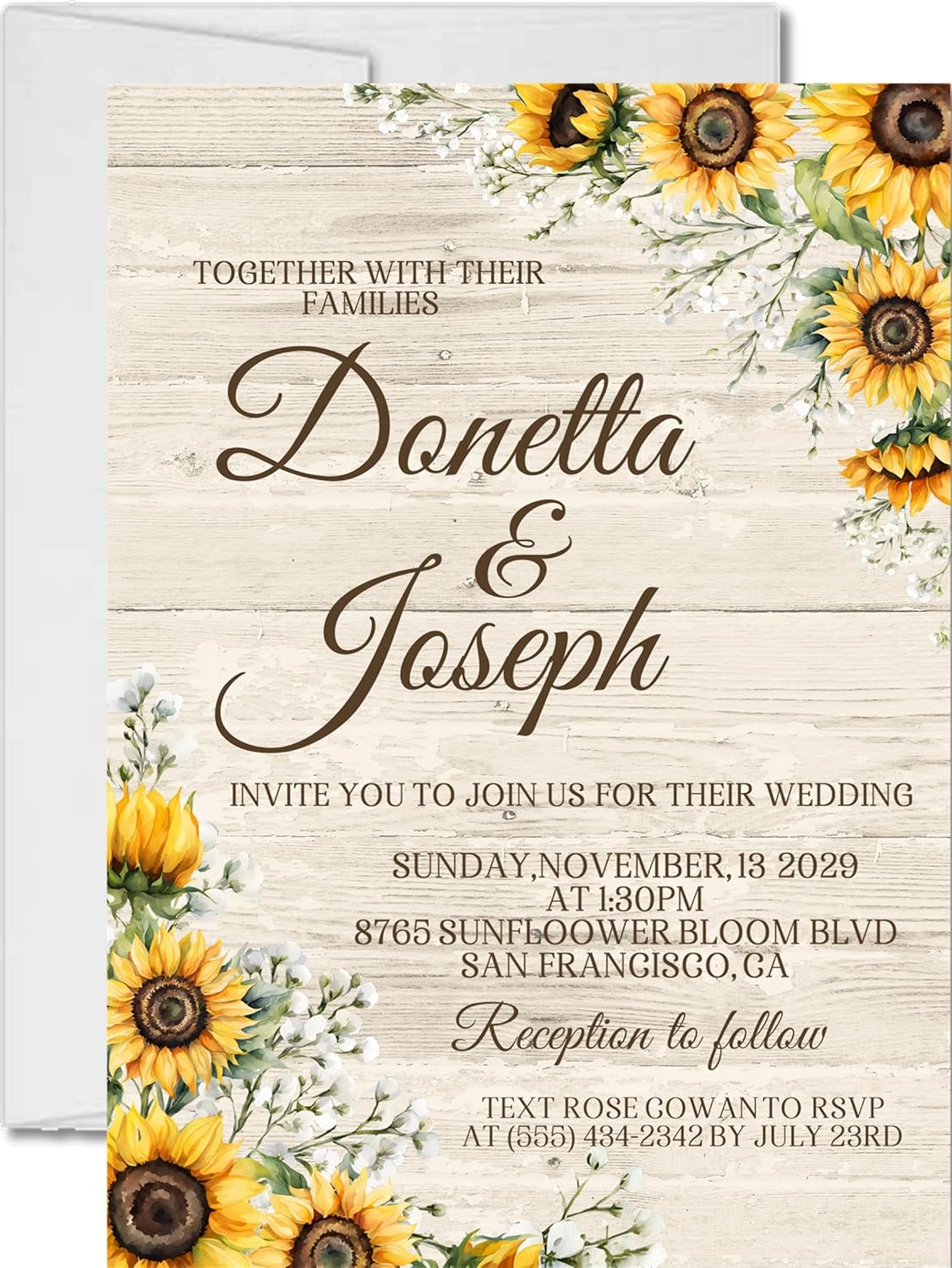 Sunflower Wedding Invitations, Rustic Farmhouse Floral, Personalized, Set of 12 Invitations with Envelopes