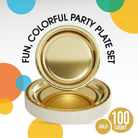 Exquisite Gold Paper Plates Disposable Heavy Duty 100 Pcs - 50-7" & 50-9" Gold Disposable Plates For Party Heavy Duty Paper Plate 350 GSM Birthday Party Supplies Plate Set